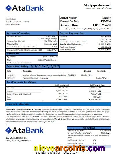 Azerbaijan Atabank bank  mortgage statement